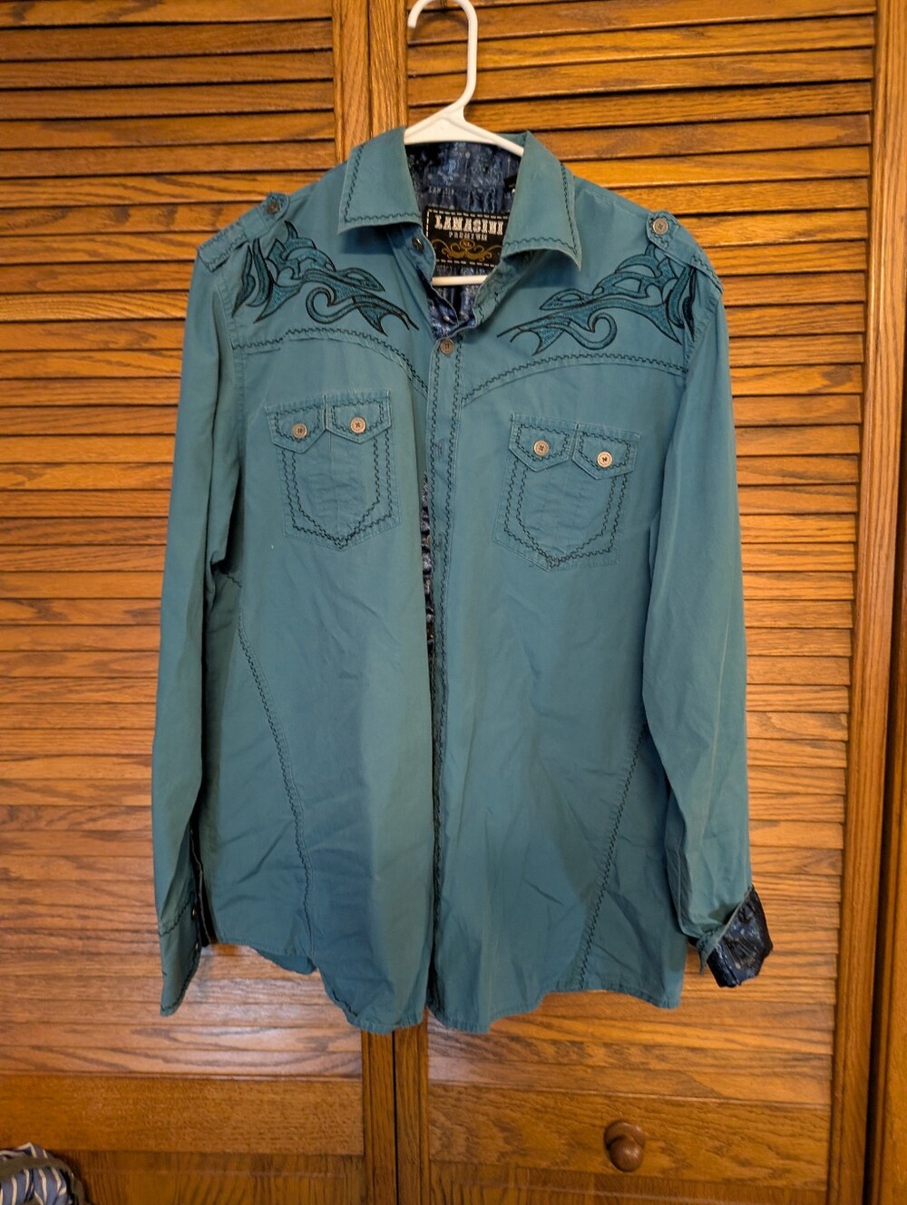 Lamasini Mens Long Sleeve Button Down Blue Western Shirt With Fold-up Cuff xL